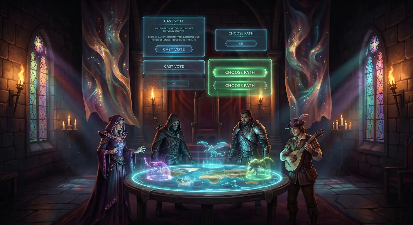 Mehrere Spieler versammelt um einen leuchtenden Fantasy-Kartentisch, die über Handlungsentscheidungen in einem Multiplayer-KI-Spiel abstimmen