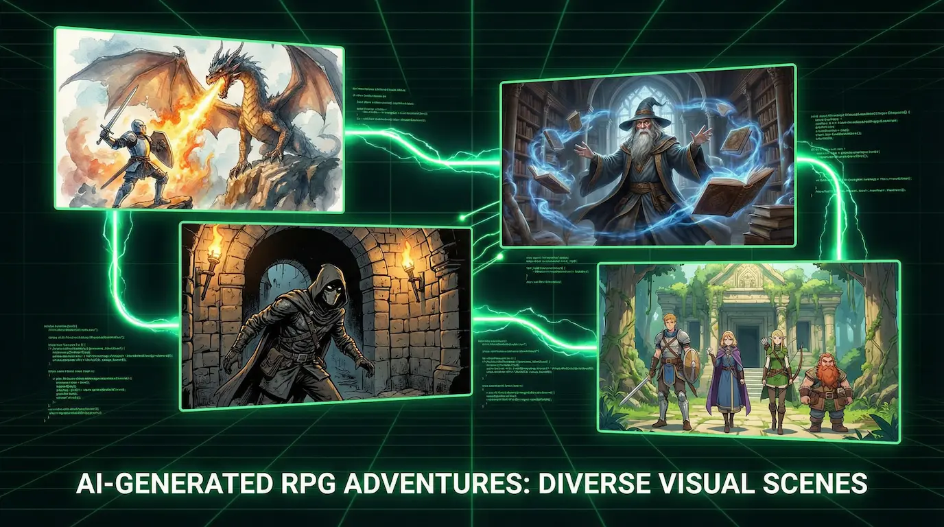 ฉาก AI RPG แบบภาพประกอบที่มีตัวละครและสถานที่แฟนตาซี